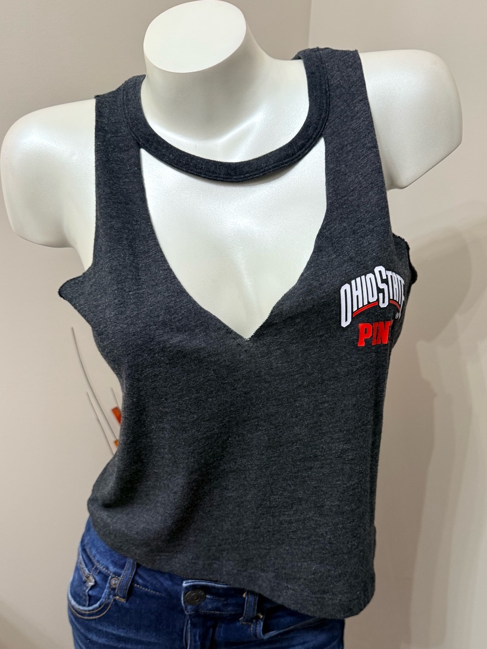 VS PINK Ohio State Buckeyes Cutout Tank Top Deep V Choker Collar Dark Gray Sz S